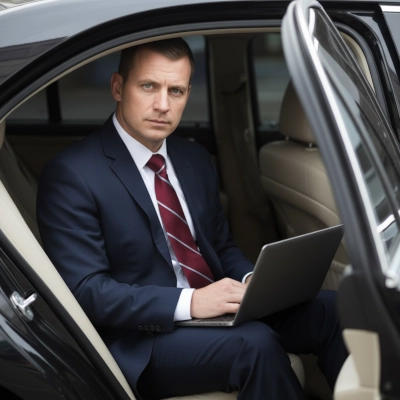 Geschäftsmann arbeitet am Laptop auf Rücksitz einer Limousine mit Chauffeurservice in Frankfurt